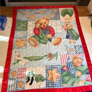 Blue Jean Teddy Bears Baby Blanket/Quilt w Bunny Duck Panda Dog Stars  34X44
